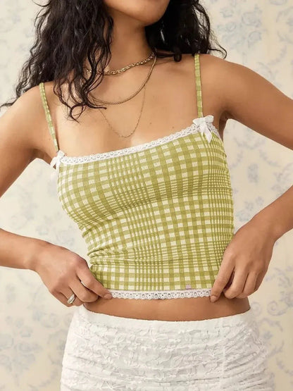 Lace Detail Plaid Square Neck Cami - VILLA FASHION