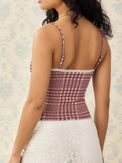 Lace Detail Plaid Square Neck Cami - VILLA FASHION