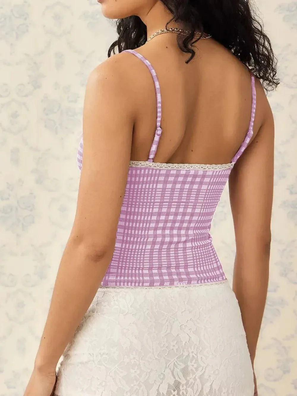 Lace Detail Plaid Square Neck Cami - VILLA FASHION