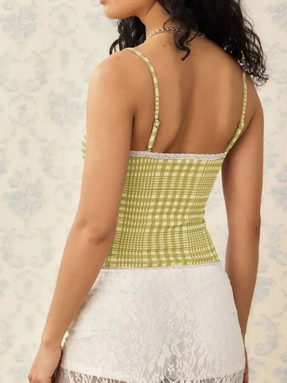 Lace Detail Plaid Square Neck Cami - VILLA FASHION