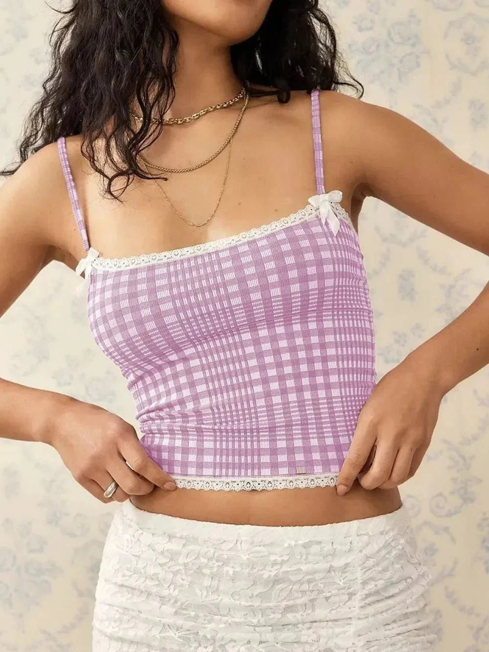 Lace Detail Plaid Square Neck Cami - VILLA FASHION