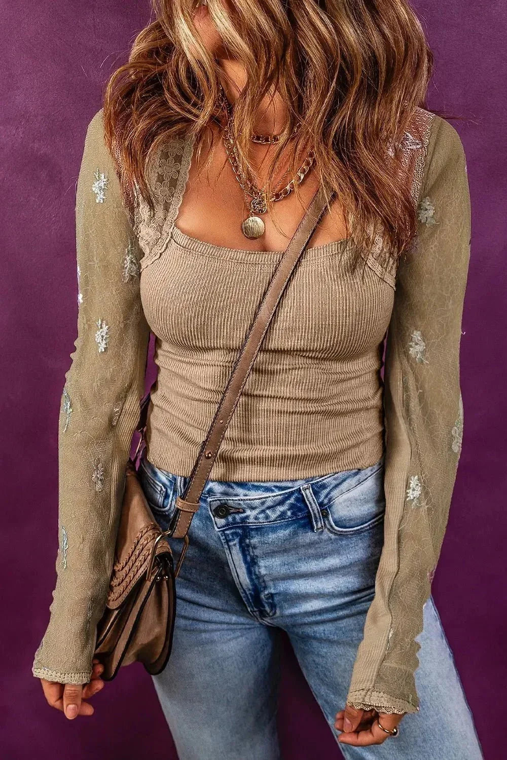 Lace Detail Queen Anne Neck Long Sleeve Blouse - VILLA FASHION