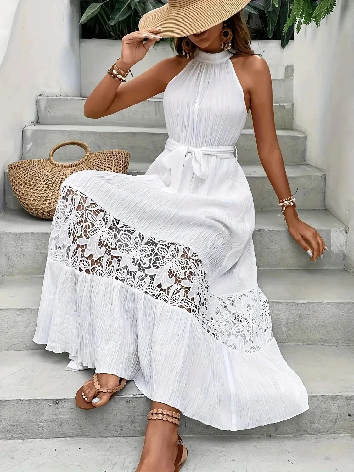 Lace Detail Sleeveless Maxi Cami Dress - VILLA FASHION