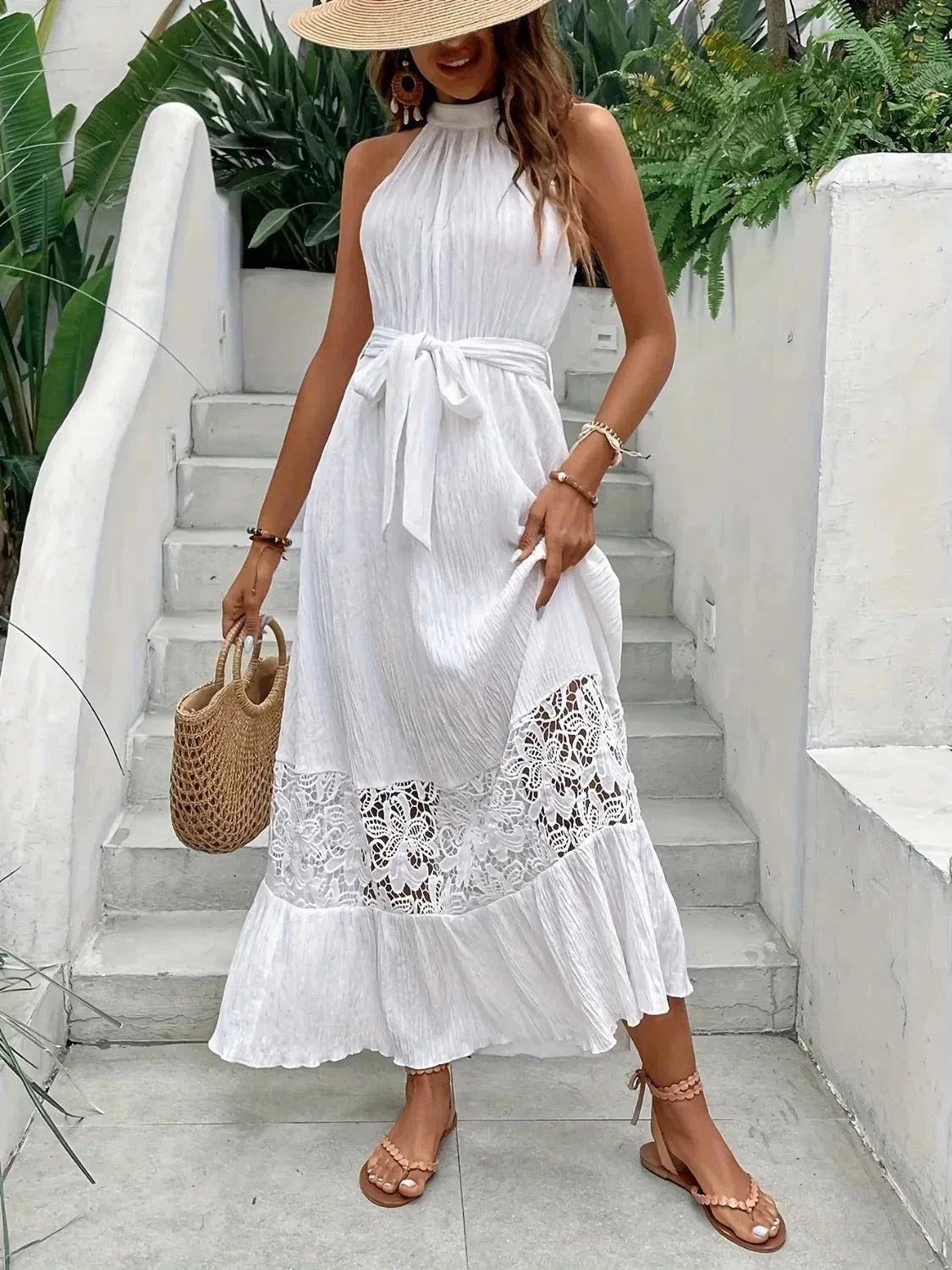 Lace Detail Sleeveless Maxi Cami Dress - VILLA FASHION