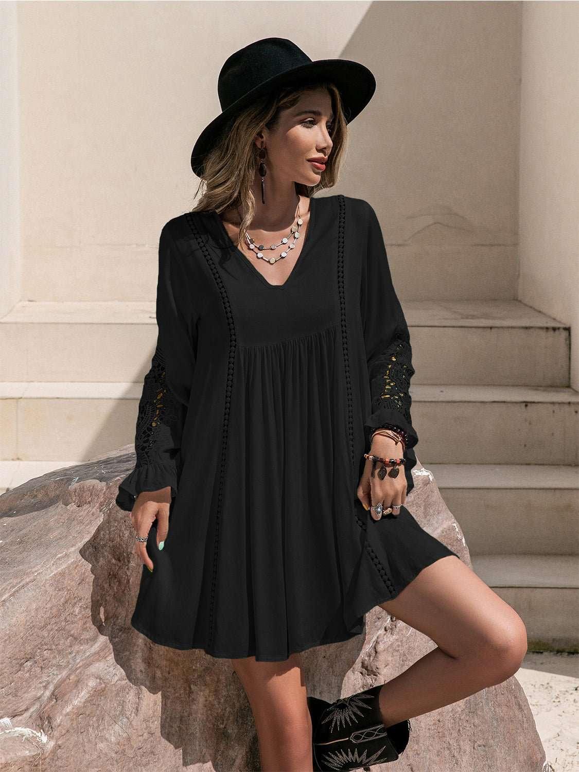 Lace Detail V - Neck Mini Dress - VILLA FASHION