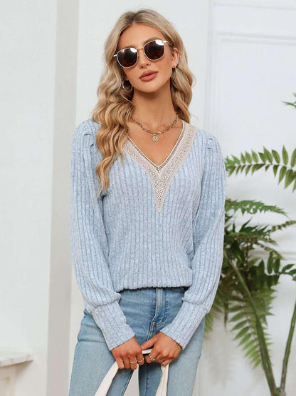 Lace Detail V - Neck Ribbed Blouse - VILLA FASHION