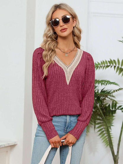Lace Detail V - Neck Ribbed Blouse - VILLA FASHION