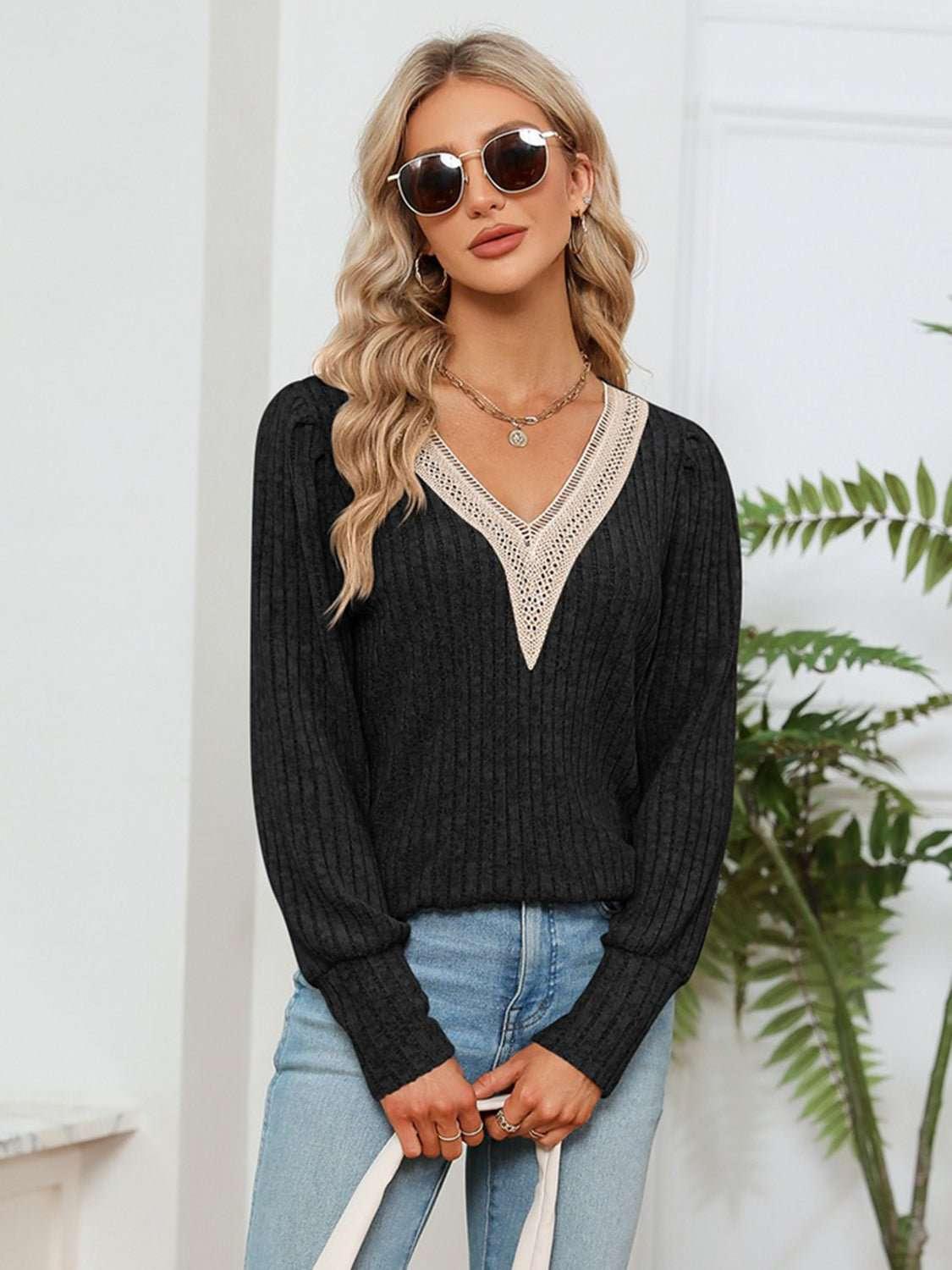 Lace Detail V - Neck Ribbed Blouse - VILLA FASHION