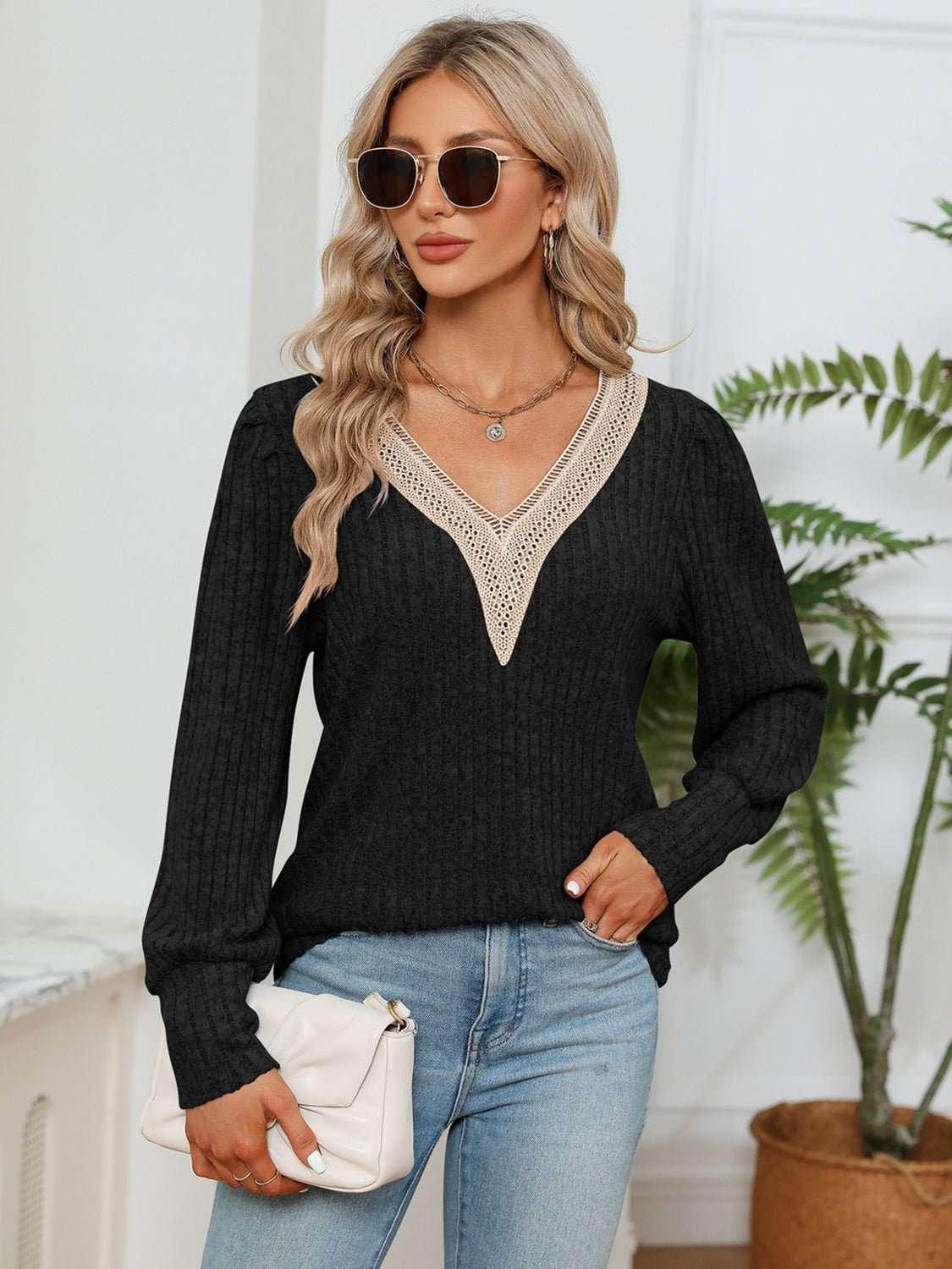 Lace Detail V - Neck Ribbed Blouse - VILLA FASHION
