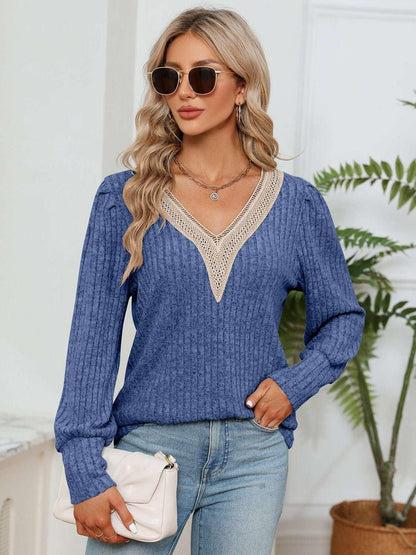 Lace Detail V - Neck Ribbed Blouse - VILLA FASHION