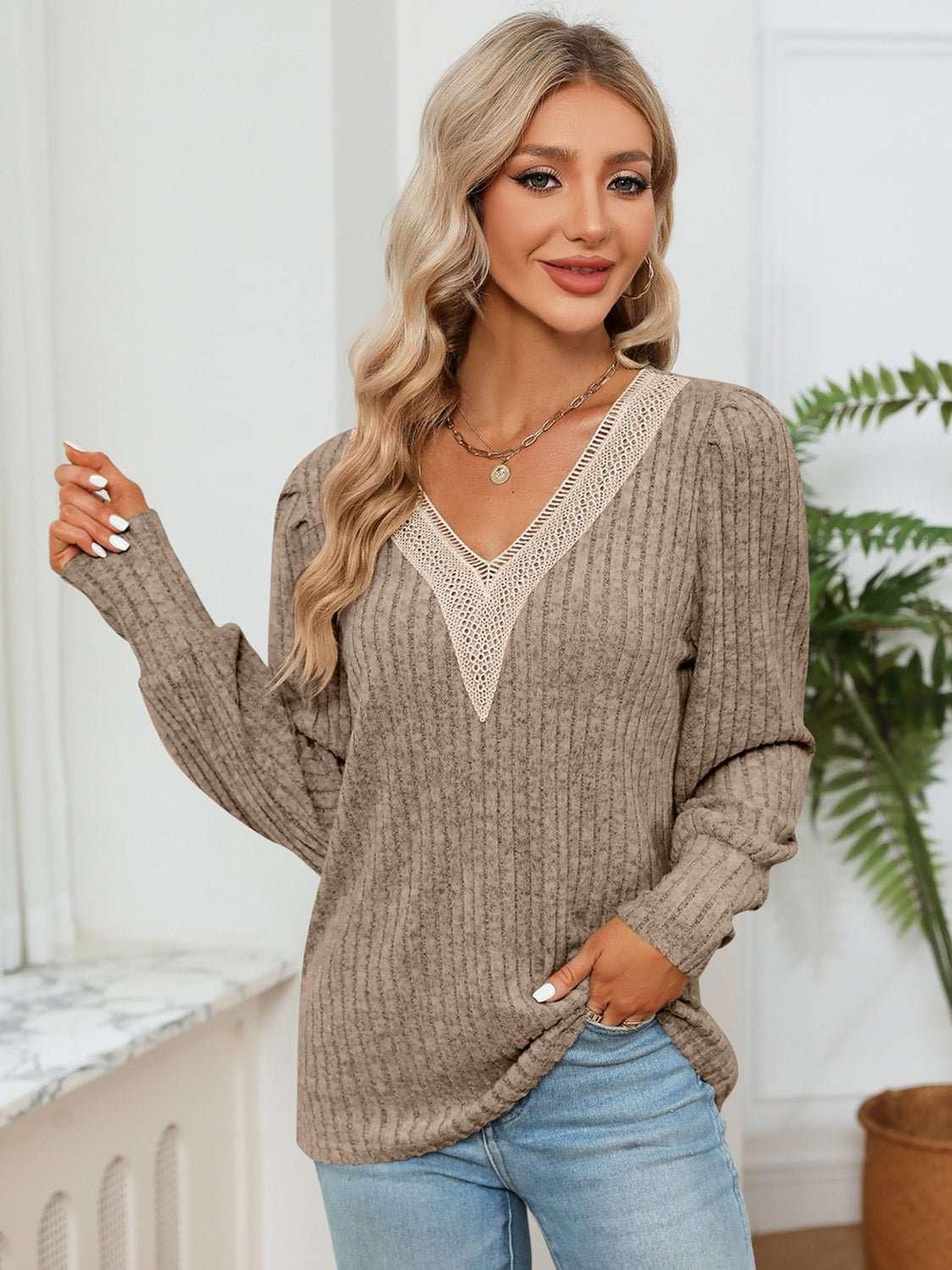 Lace Detail V - Neck Ribbed Blouse - VILLA FASHION