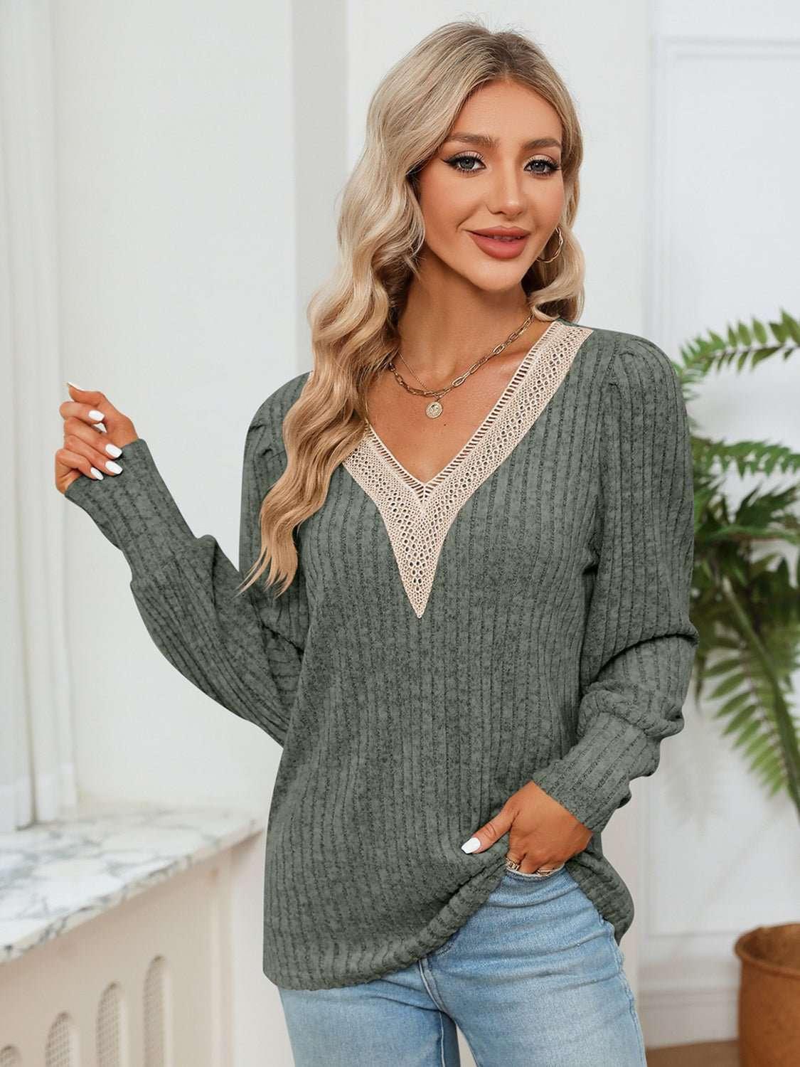 Lace Detail V - Neck Ribbed Blouse - VILLA FASHION