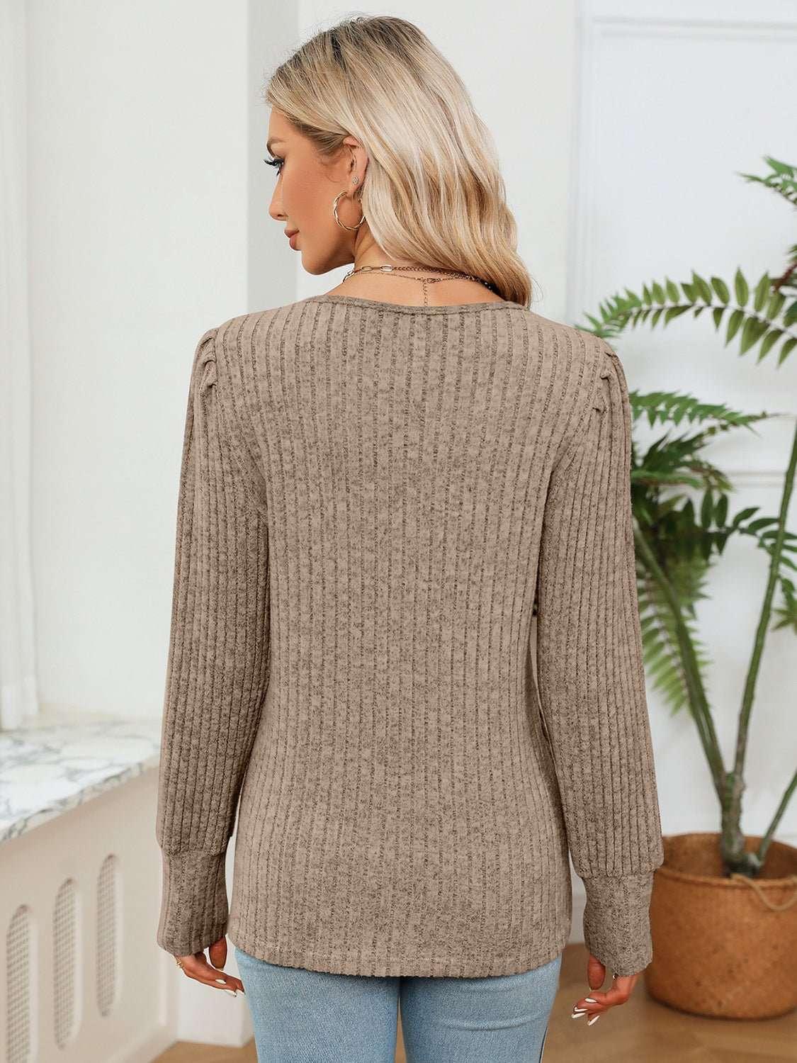 Lace Detail V - Neck Ribbed Blouse - VILLA FASHION