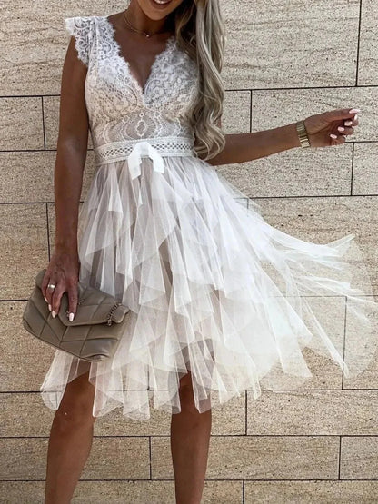 Lace V - Neck Ruffle Dress - VILLA FASHION