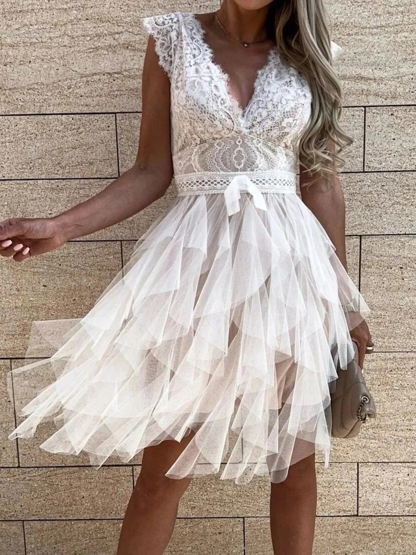 Lace V - Neck Ruffle Dress - VILLA FASHION