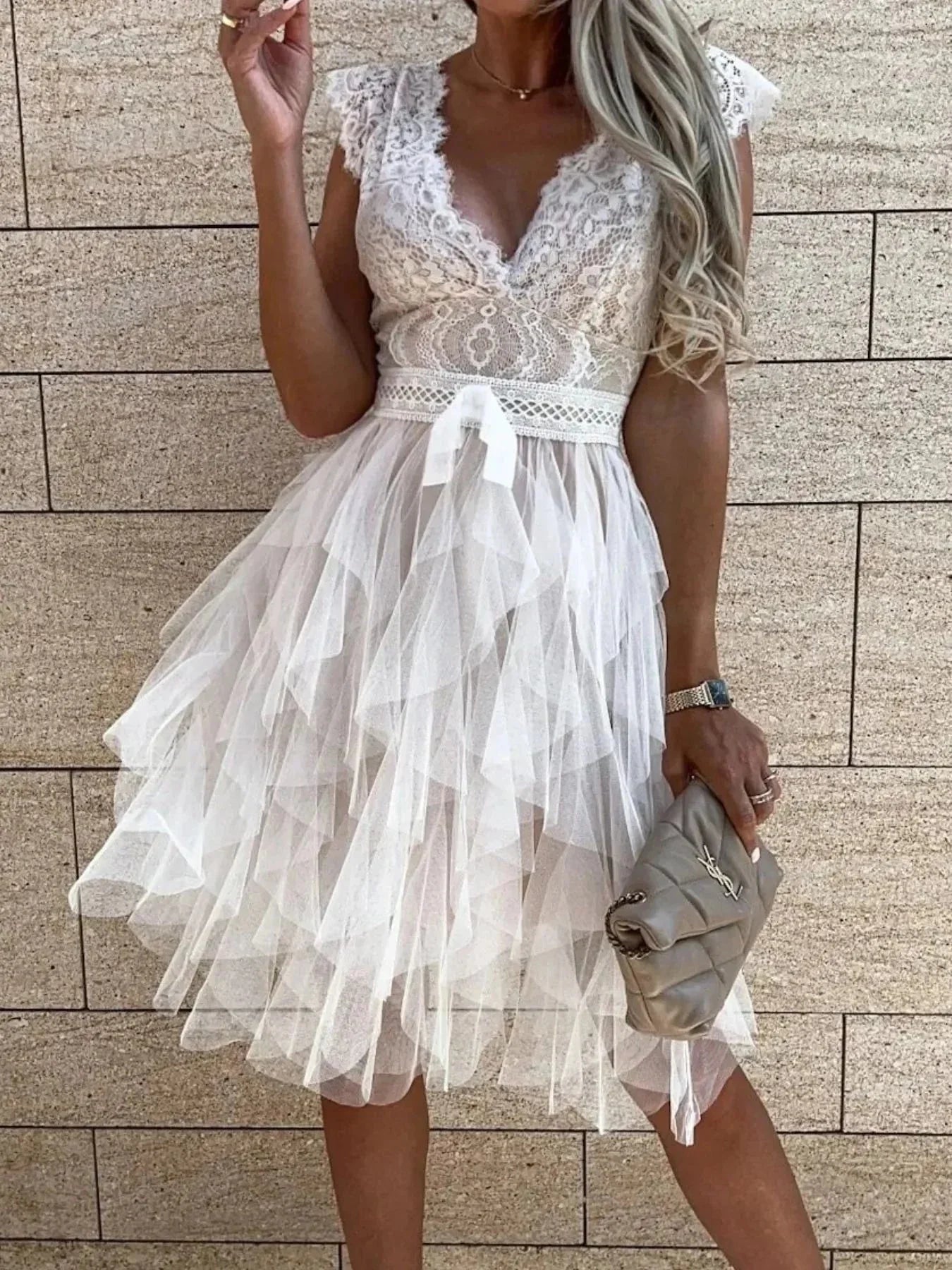 Lace V - Neck Ruffle Dress - VILLA FASHION