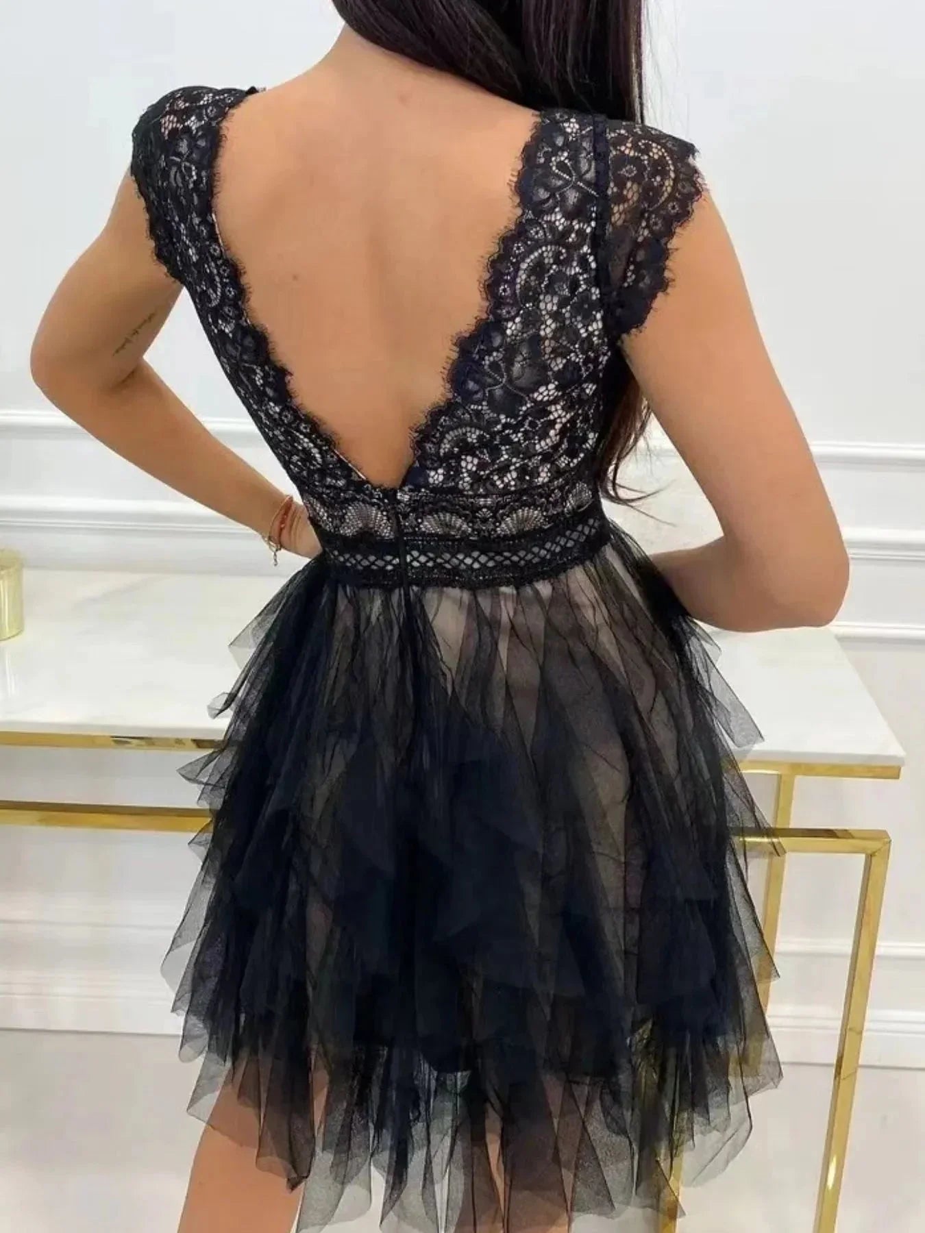 Lace V - Neck Ruffle Dress - VILLA FASHION