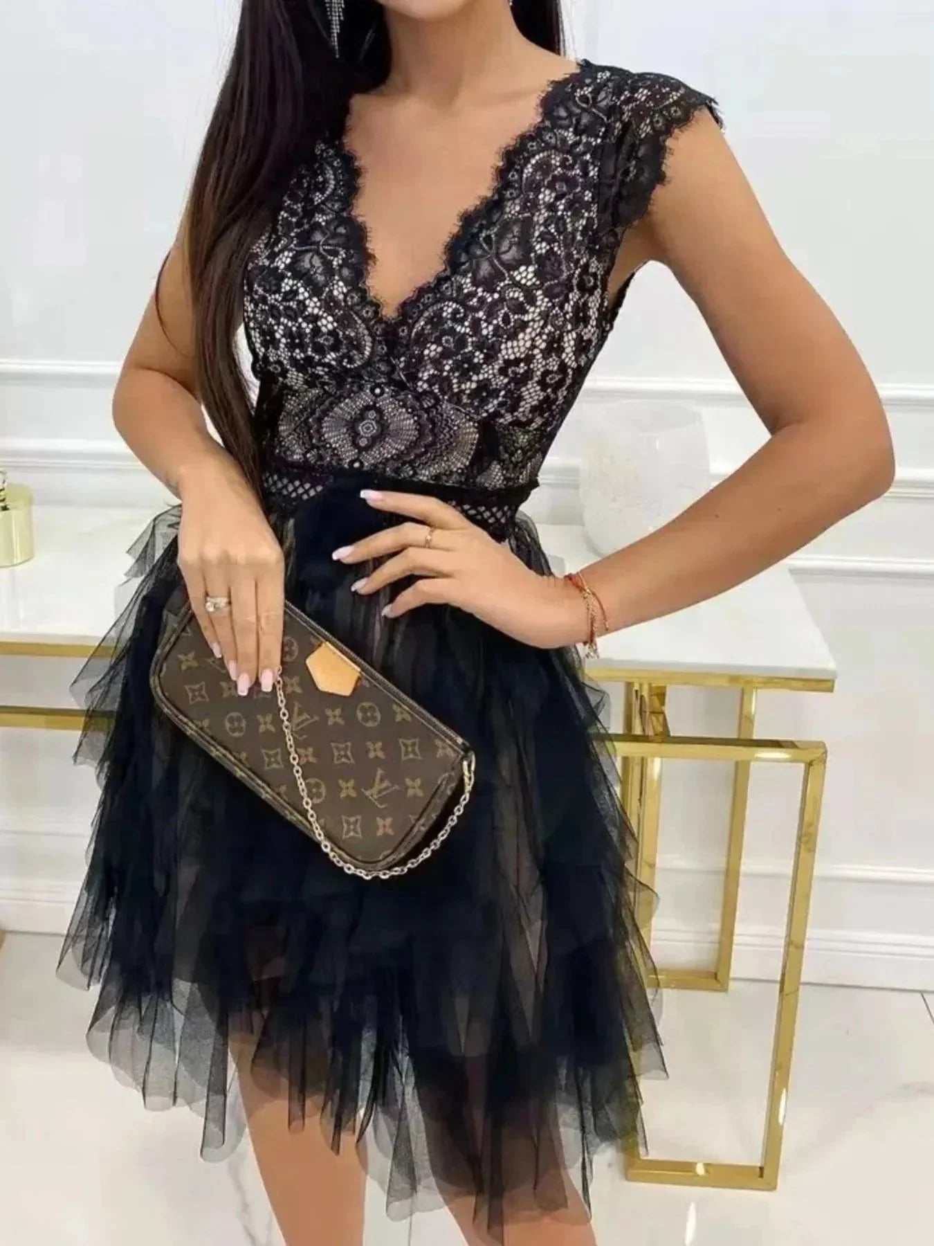 Lace V - Neck Ruffle Dress - VILLA FASHION