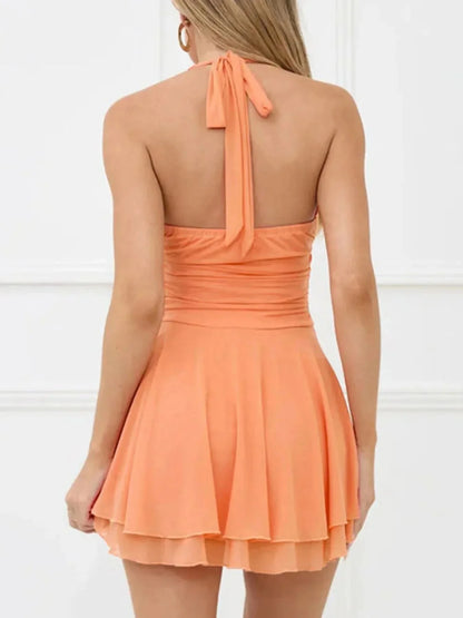 Layered Halter Neck Mini Dress - VILLA FASHION