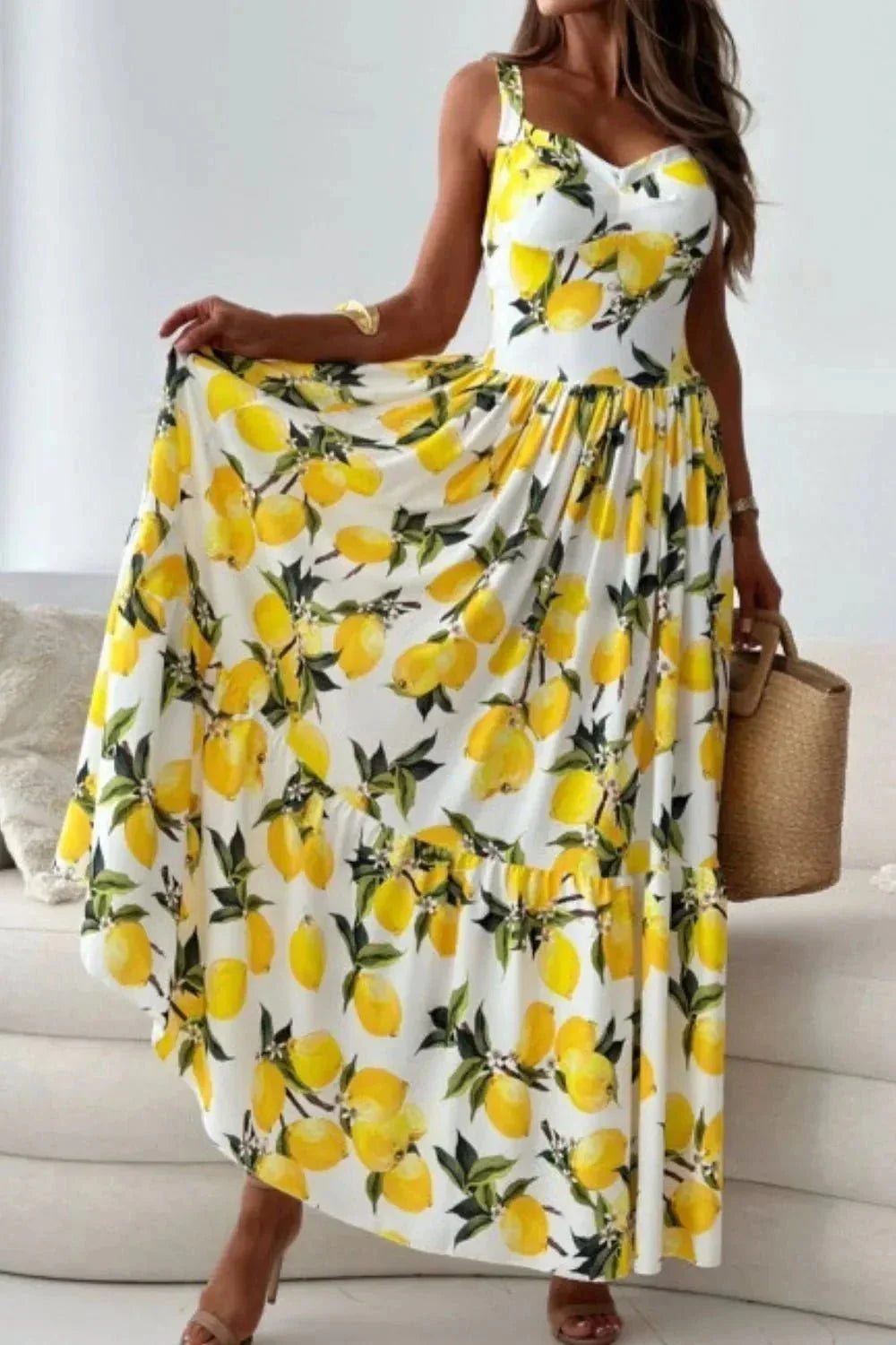 Lemon Print Sweetheart Neck Maxi Dress - VILLA FASHION