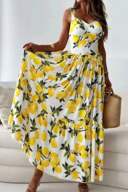 Lemon Print Sweetheart Neck Maxi Dress - VILLA FASHION