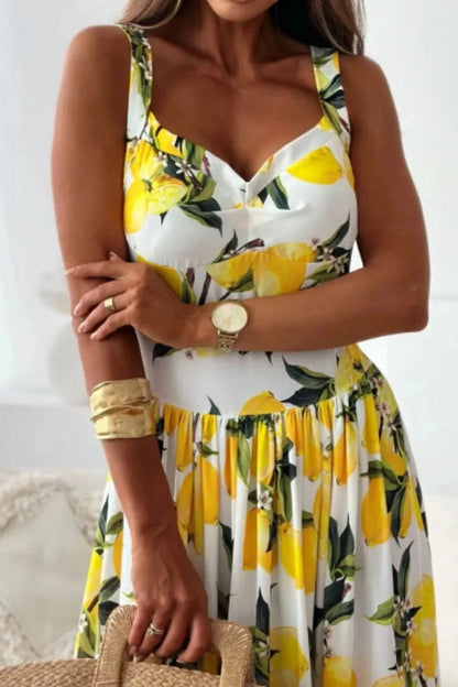 Lemon Print Sweetheart Neck Maxi Dress - VILLA FASHION