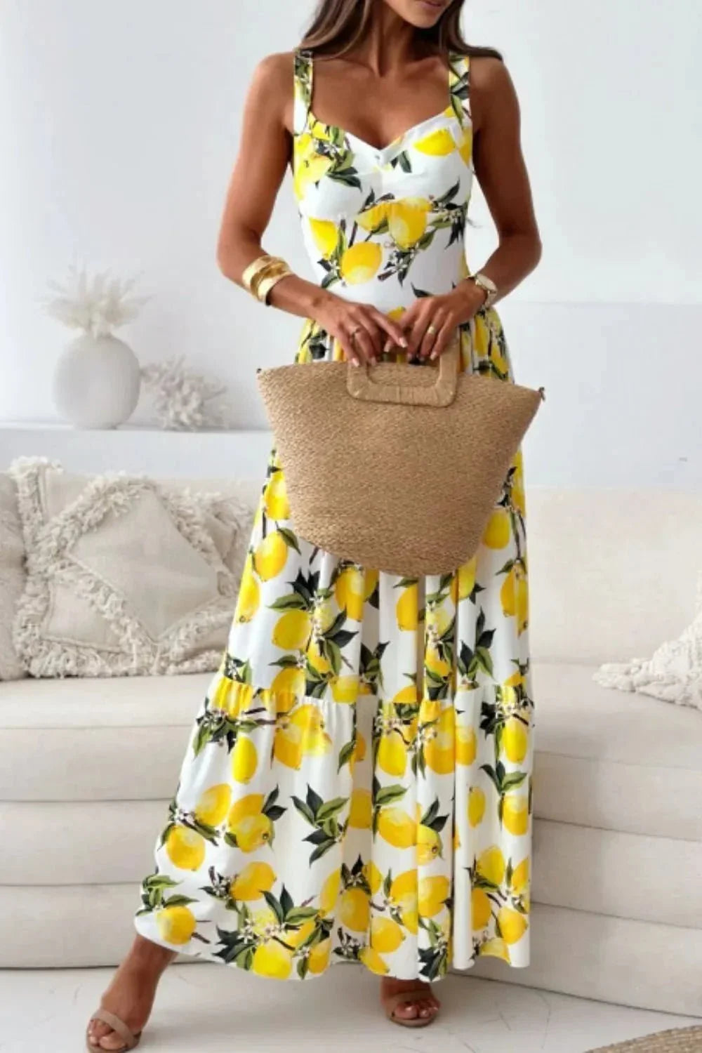 Lemon Print Sweetheart Neck Maxi Dress - VILLA FASHION