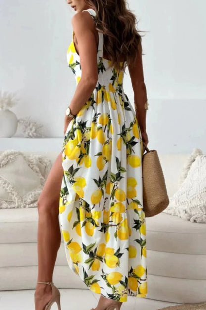 Lemon Print Sweetheart Neck Maxi Dress - VILLA FASHION