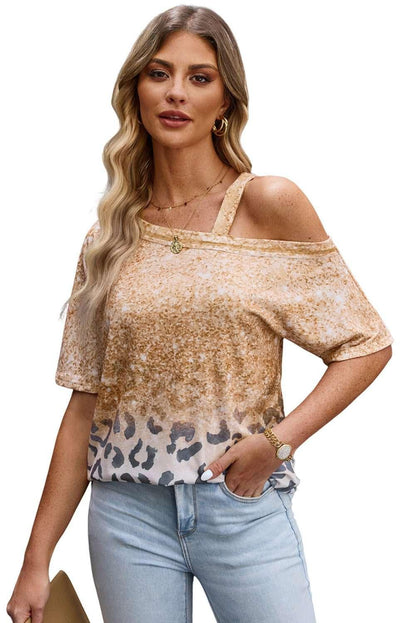 Leopard Asymmetrical Neck Cold - Shoulder Blouse - VILLA FASHION