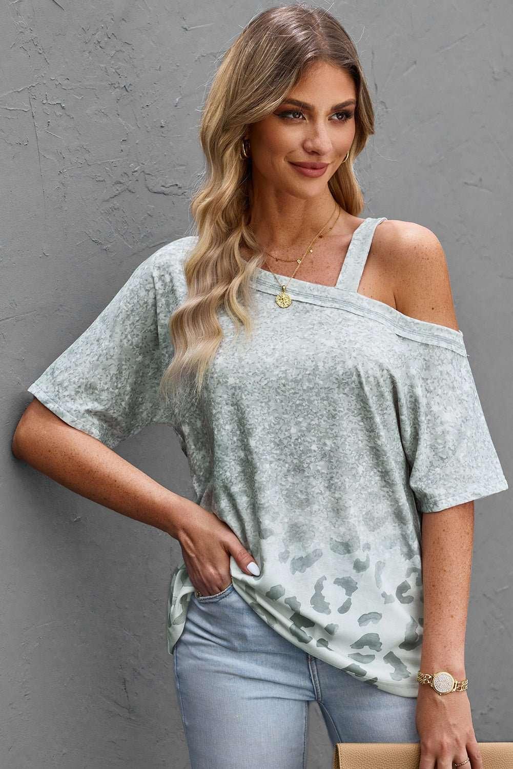 Leopard Asymmetrical Neck Cold - Shoulder Blouse - VILLA FASHION