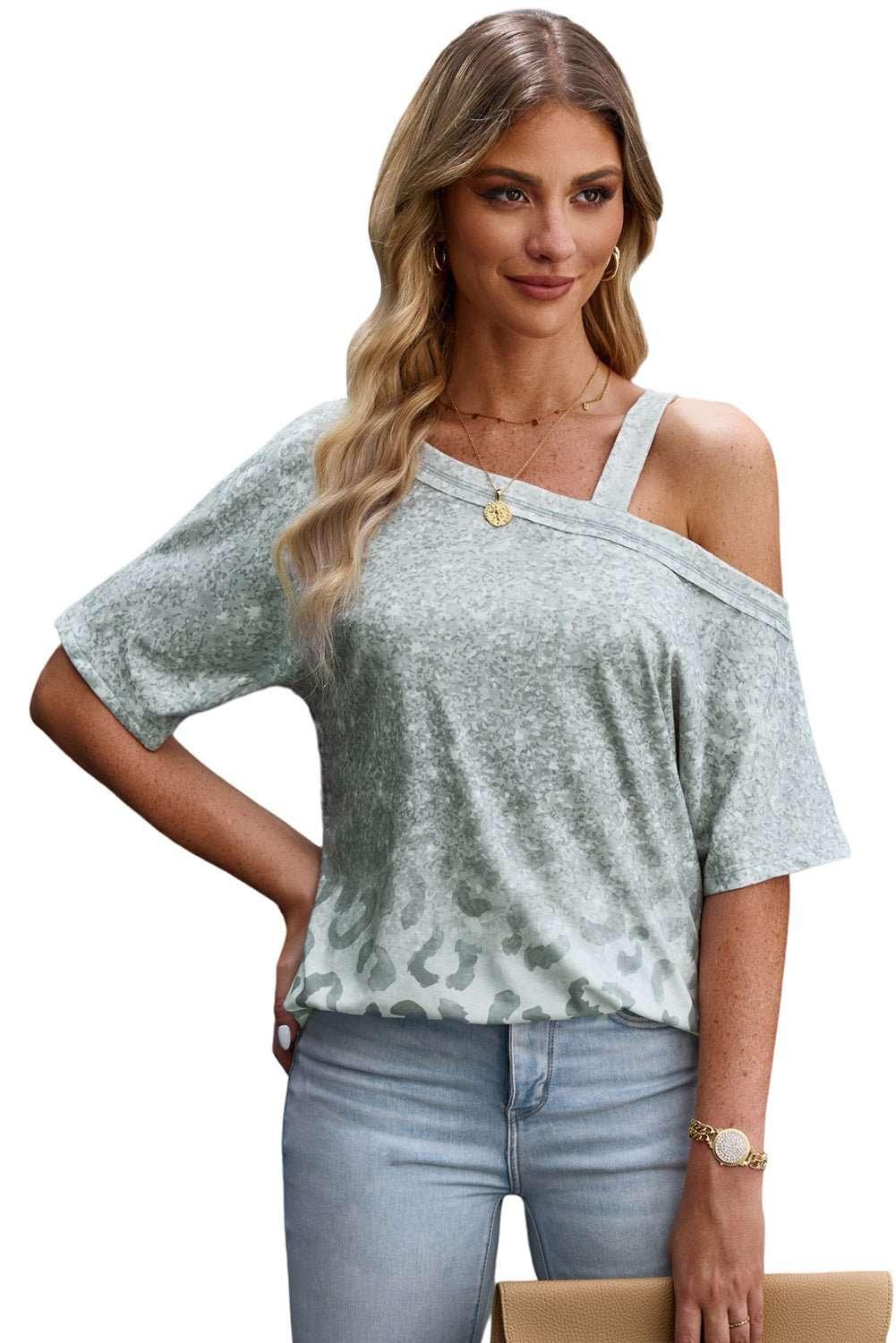 Leopard Asymmetrical Neck Cold - Shoulder Blouse - VILLA FASHION