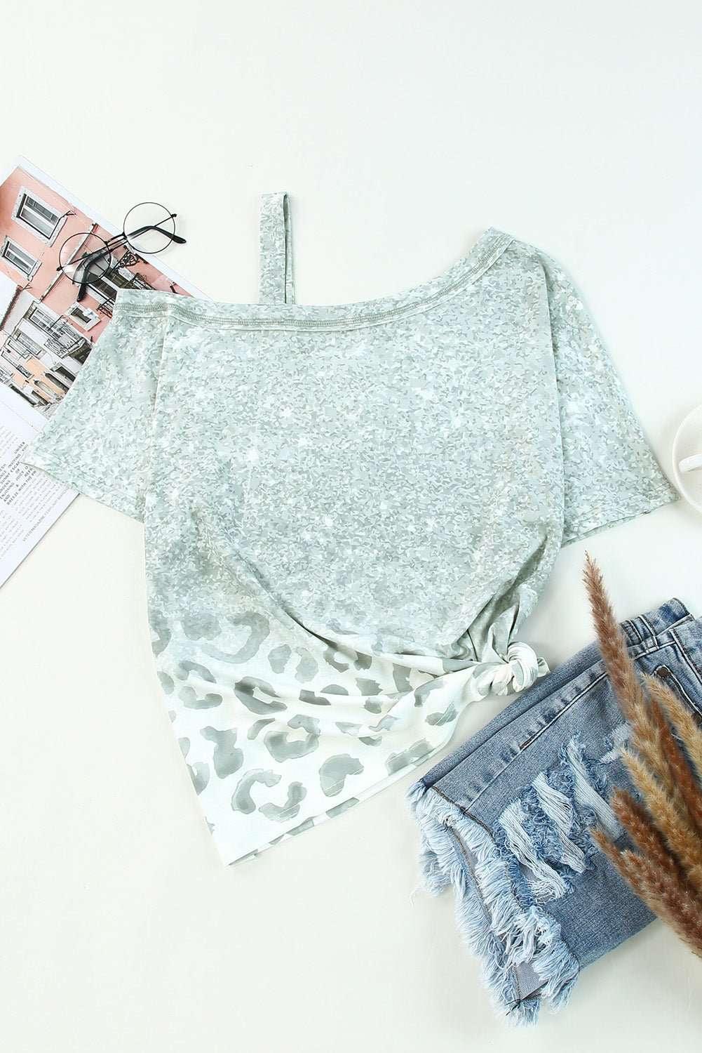 Leopard Asymmetrical Neck Cold - Shoulder Blouse - VILLA FASHION