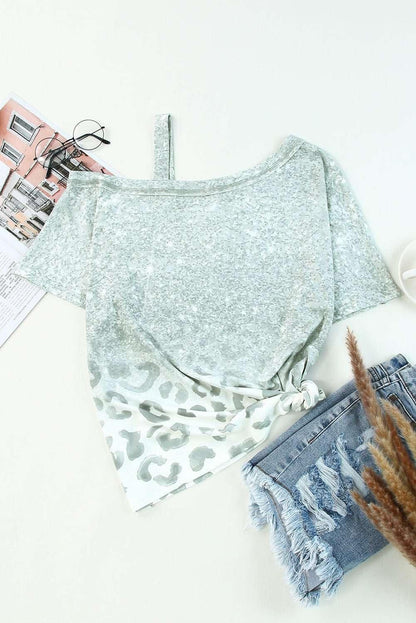 Leopard Asymmetrical Neck Cold - Shoulder Blouse - VILLA FASHION