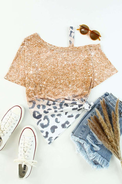 Leopard Asymmetrical Neck Cold - Shoulder Blouse - VILLA FASHION