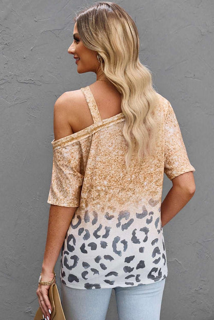 Leopard Asymmetrical Neck Cold - Shoulder Blouse - VILLA FASHION