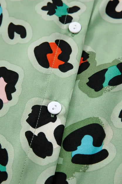 Leopard Collared Neck Top and Pants Set - VILLA FASHION