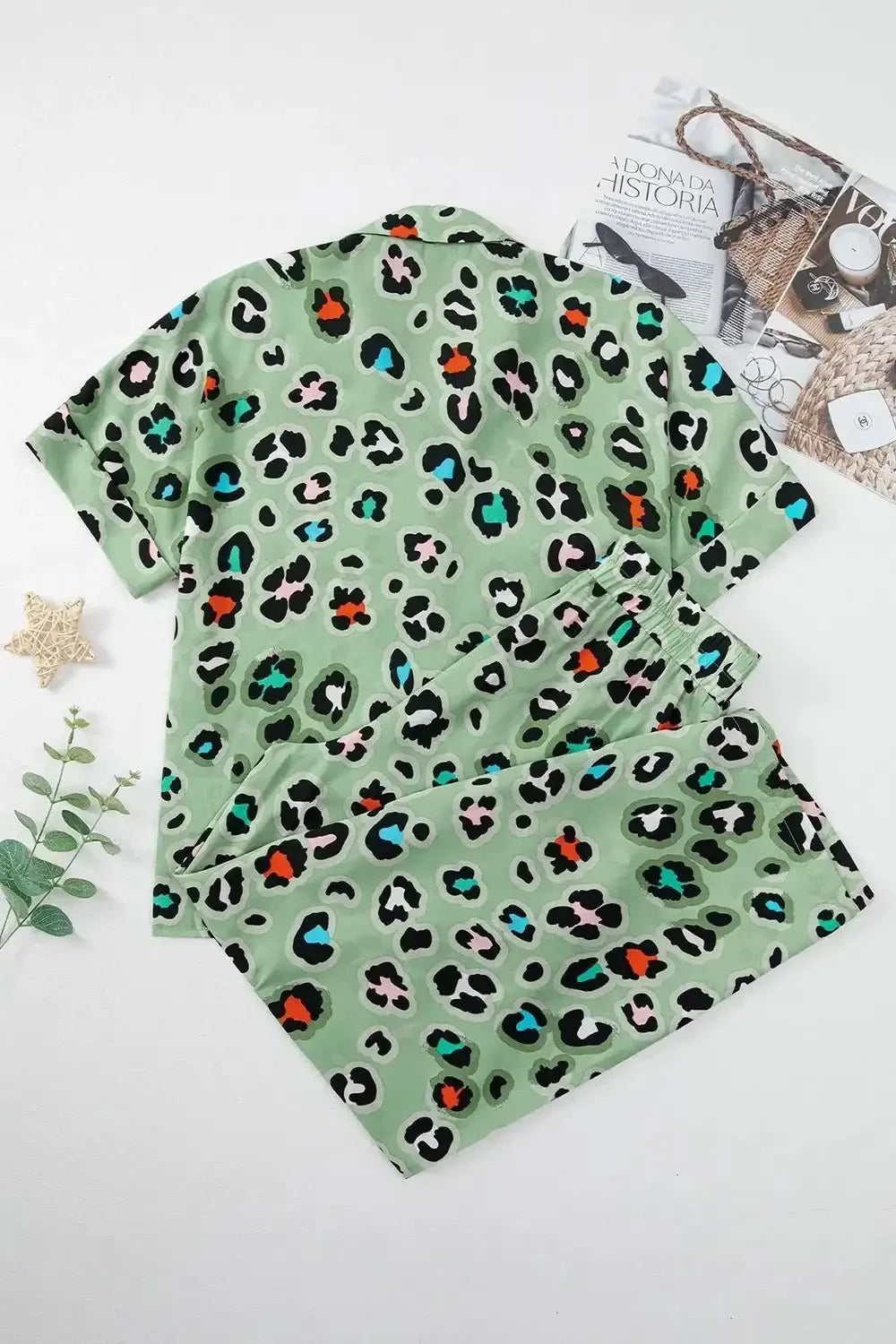 Leopard Collared Neck Top and Pants Set - VILLA FASHION