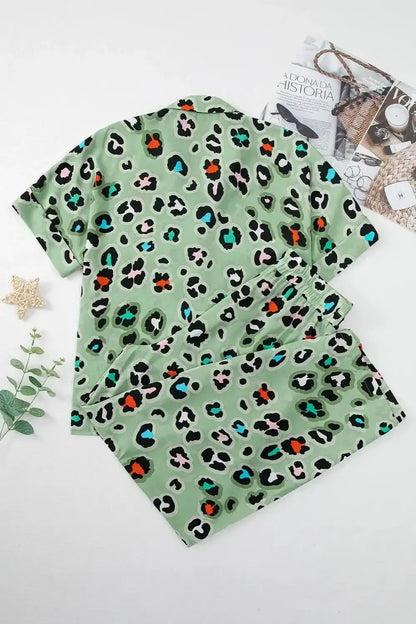 Leopard Collared Neck Top and Pants Set - VILLA FASHION