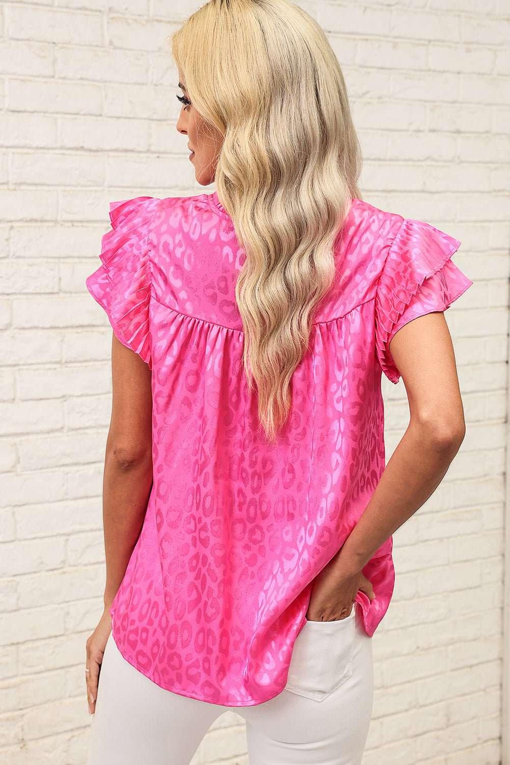 Leopard Flutter Sleeve Frill Neck Blouse - VILLA FASHION
