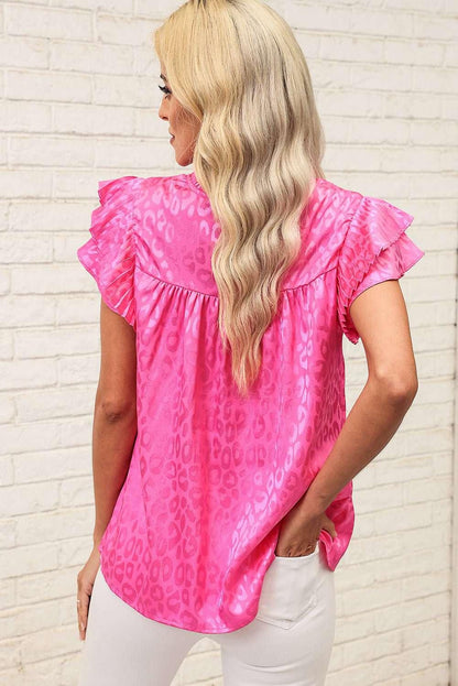 Leopard Flutter Sleeve Frill Neck Blouse - VILLA FASHION