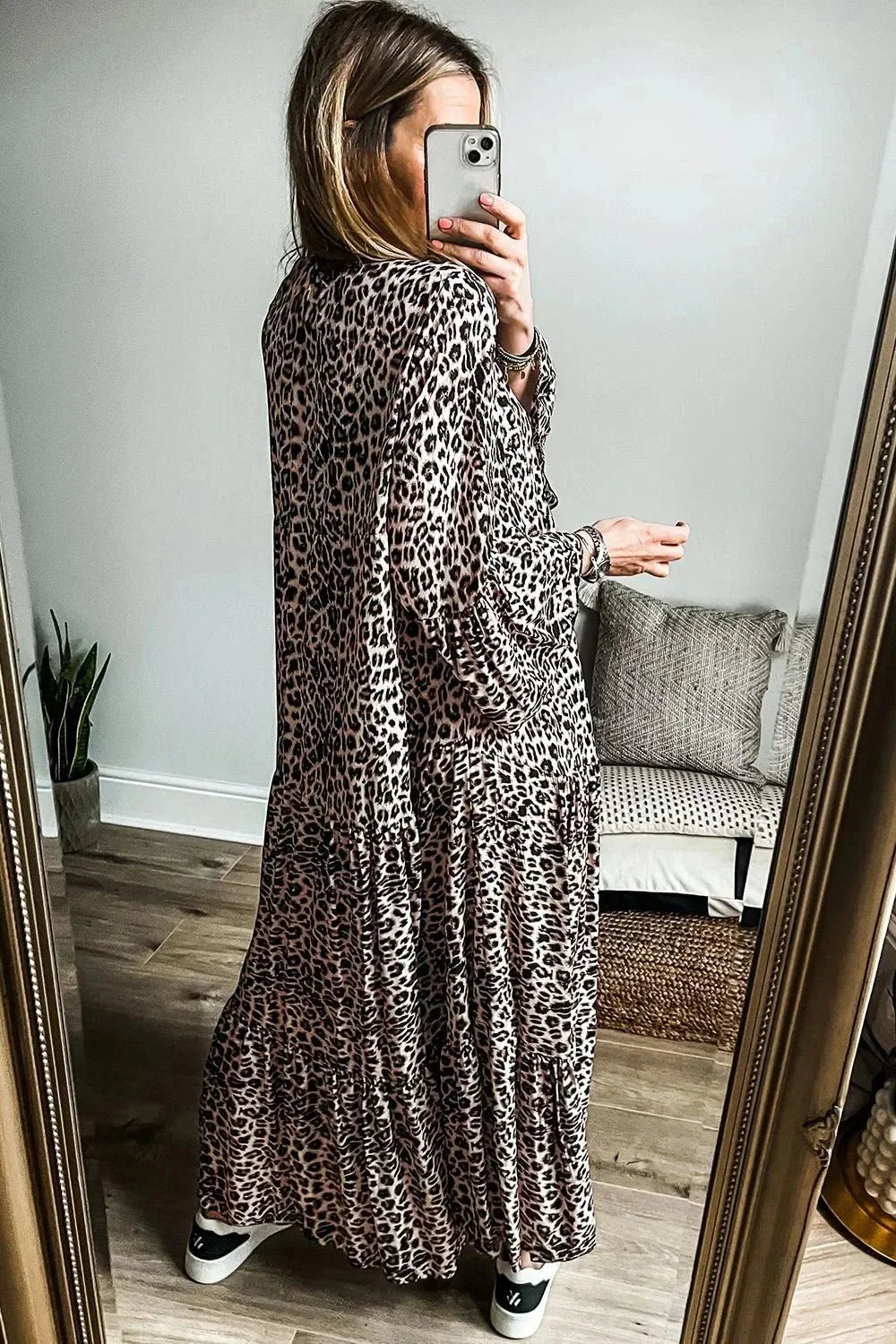 Leopard Notched Long Sleeve Maxi Dress - VILLA FASHION