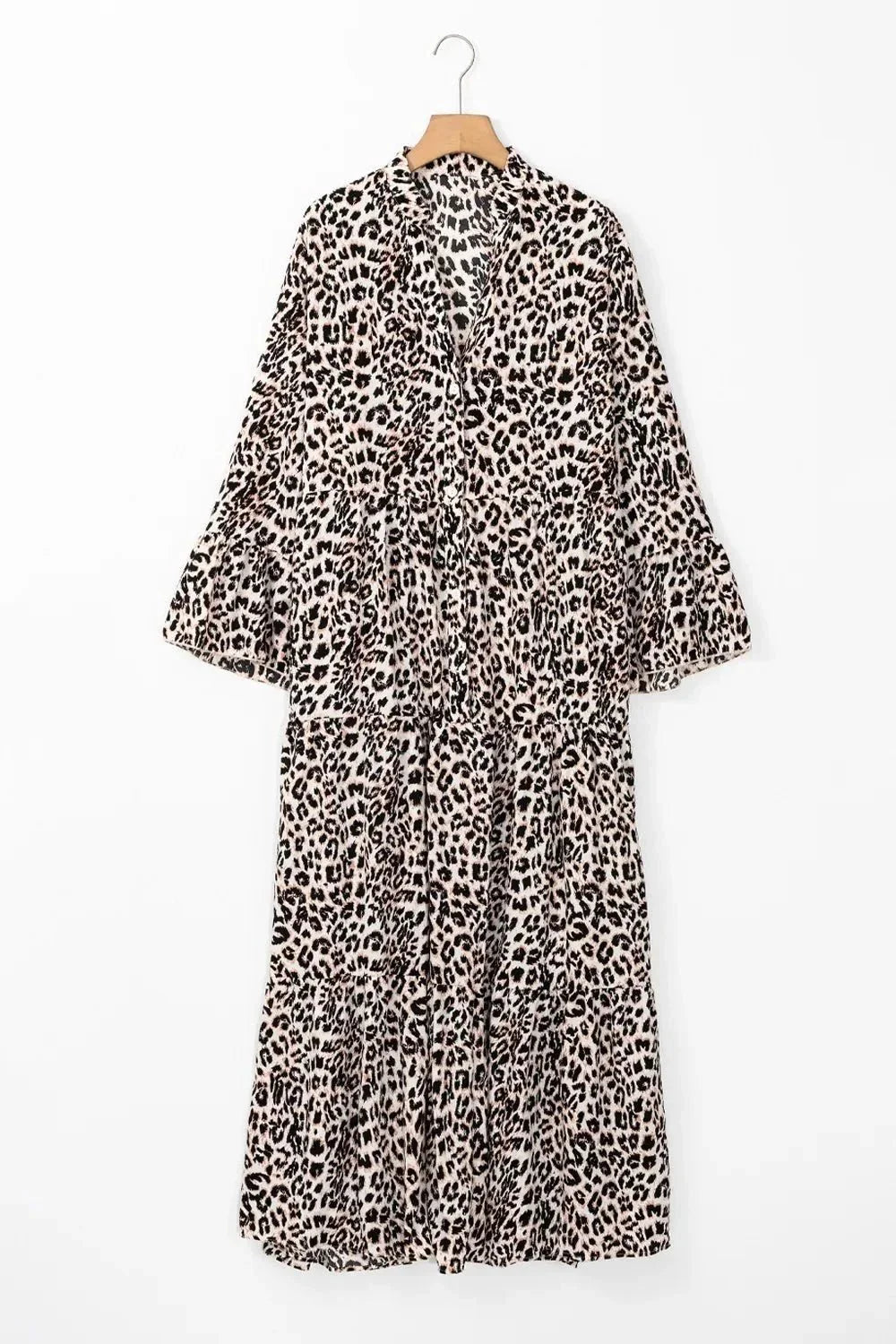 Leopard Notched Long Sleeve Maxi Dress - VILLA FASHION