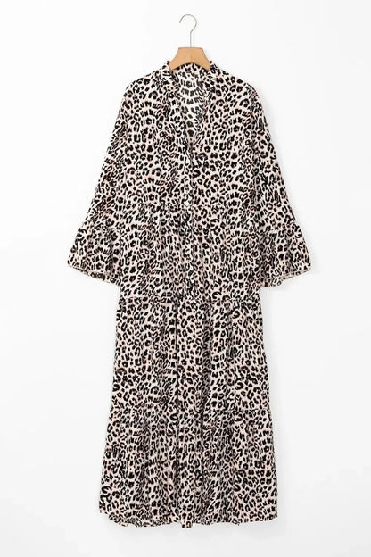 Leopard Notched Long Sleeve Maxi Dress - VILLA FASHION