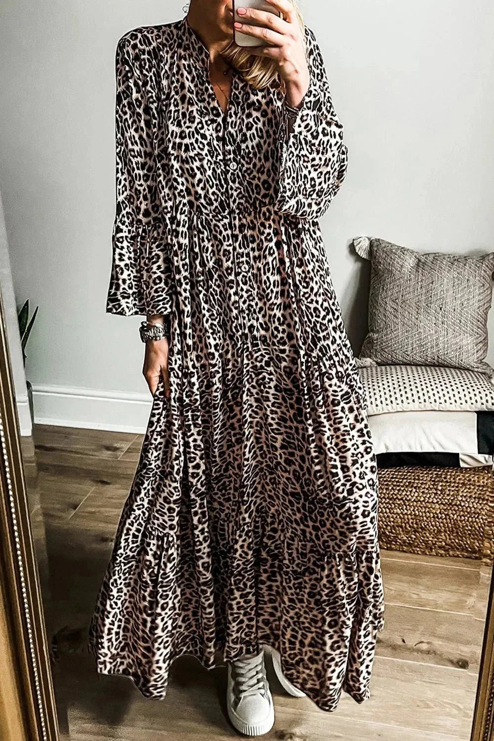 Leopard Notched Long Sleeve Maxi Dress - VILLA FASHION