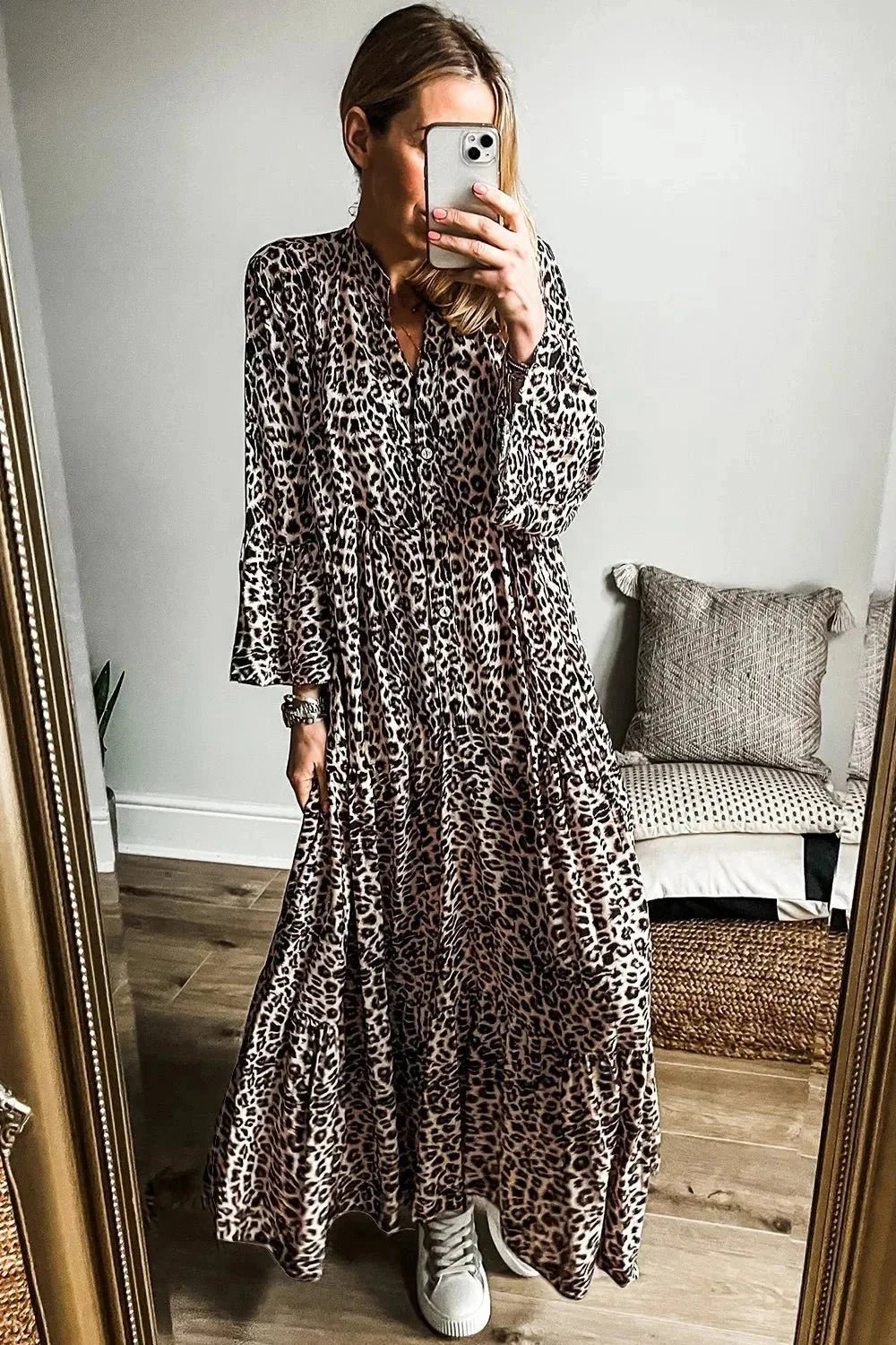 Leopard Notched Long Sleeve Maxi Dress - VILLA FASHION