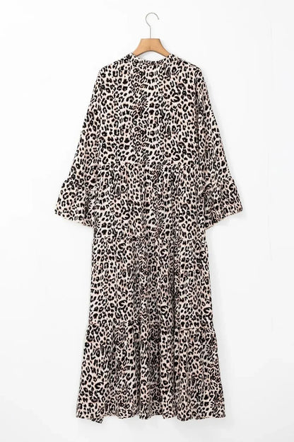 Leopard Notched Long Sleeve Maxi Dress - VILLA FASHION