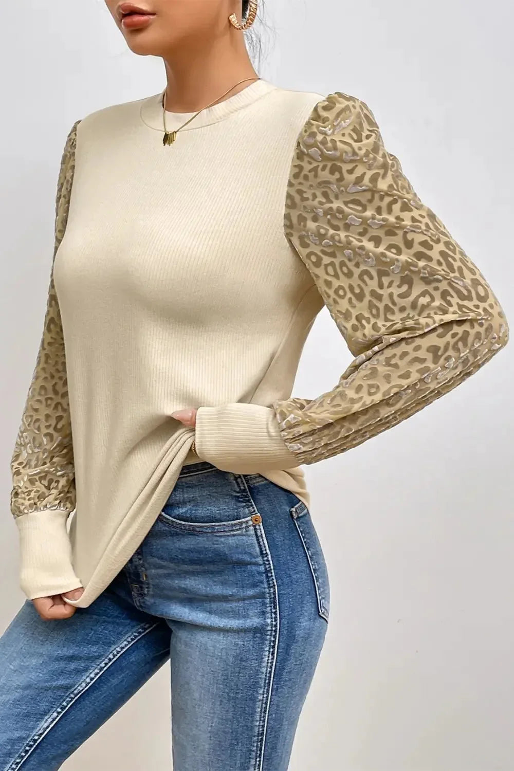 Leopard Print Long Sleeve Ribbed Knit Blouse - VILLA FASHION