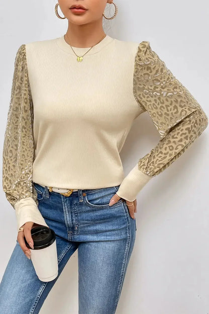 Leopard Print Long Sleeve Ribbed Knit Blouse - VILLA FASHION