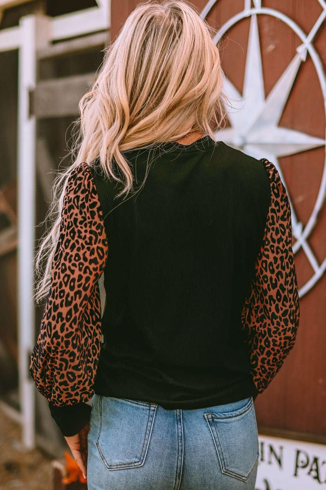 Leopard Print Long Sleeve Ribbed Knit Blouse - VILLA FASHION