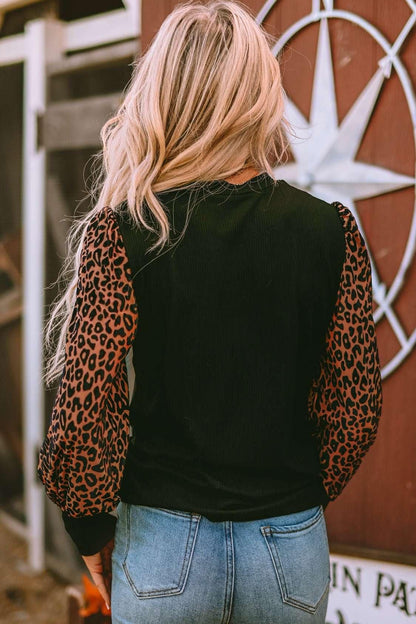 Leopard Print Long Sleeve Ribbed Knit Blouse - VILLA FASHION